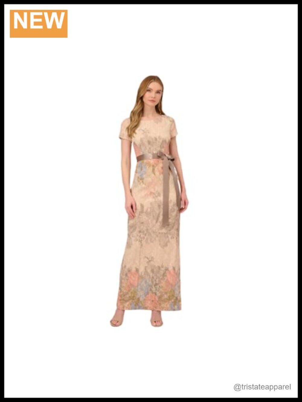 Mateleasse Column Gown with Floral Design, Back Slit & Cap Sleeves